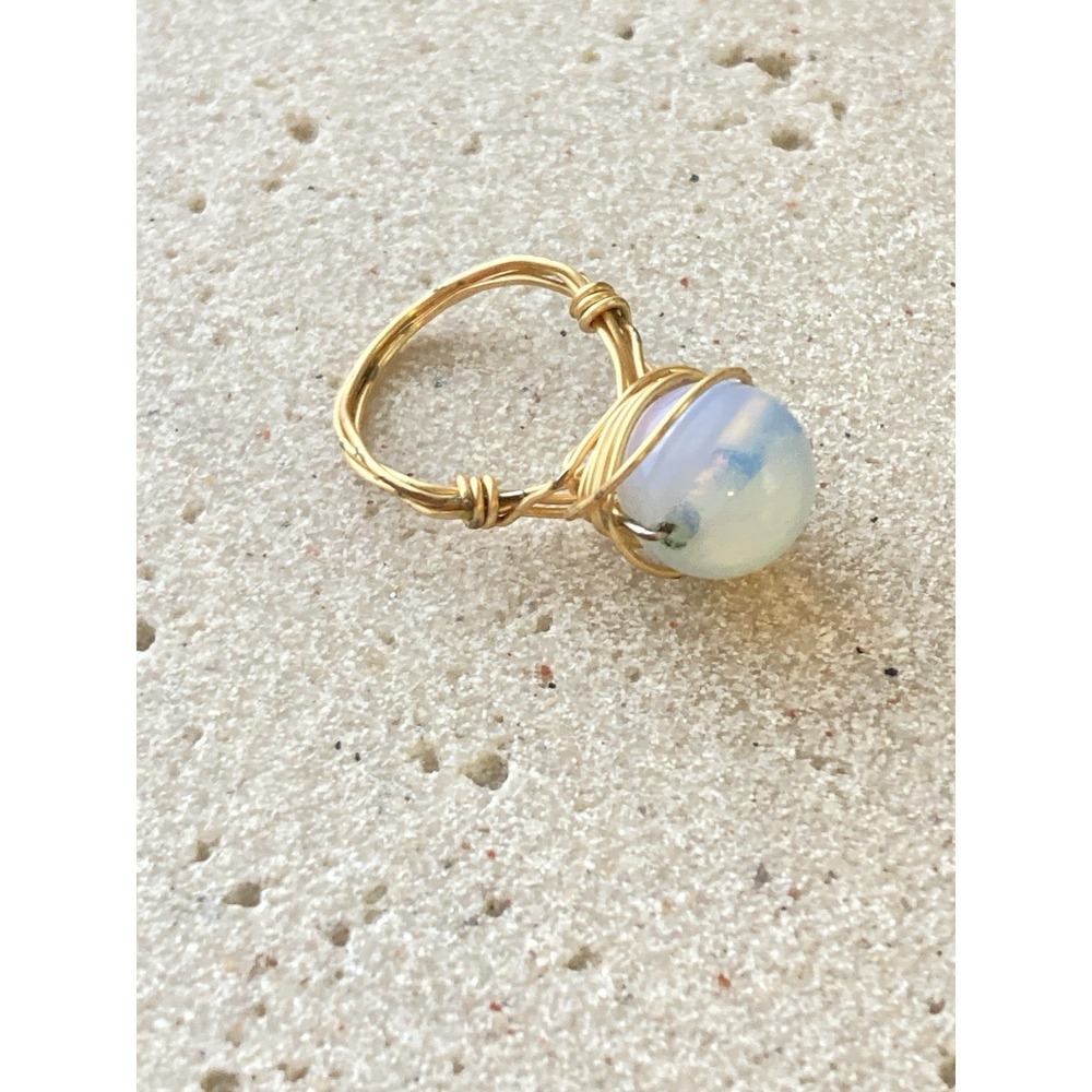 Artisan Gold Tone Wire Wrapped Pinky Ring with Round Opalite Bead Whimsical